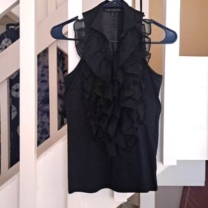 Ralph Lauren Black Label, Black Sleeveless Silk and Cotton Ruffled Blouse EUC